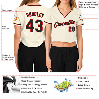 Custom Women's Cream Black-Red V-Neck Cropped Baseball Jersey - Owls Matrix LTD