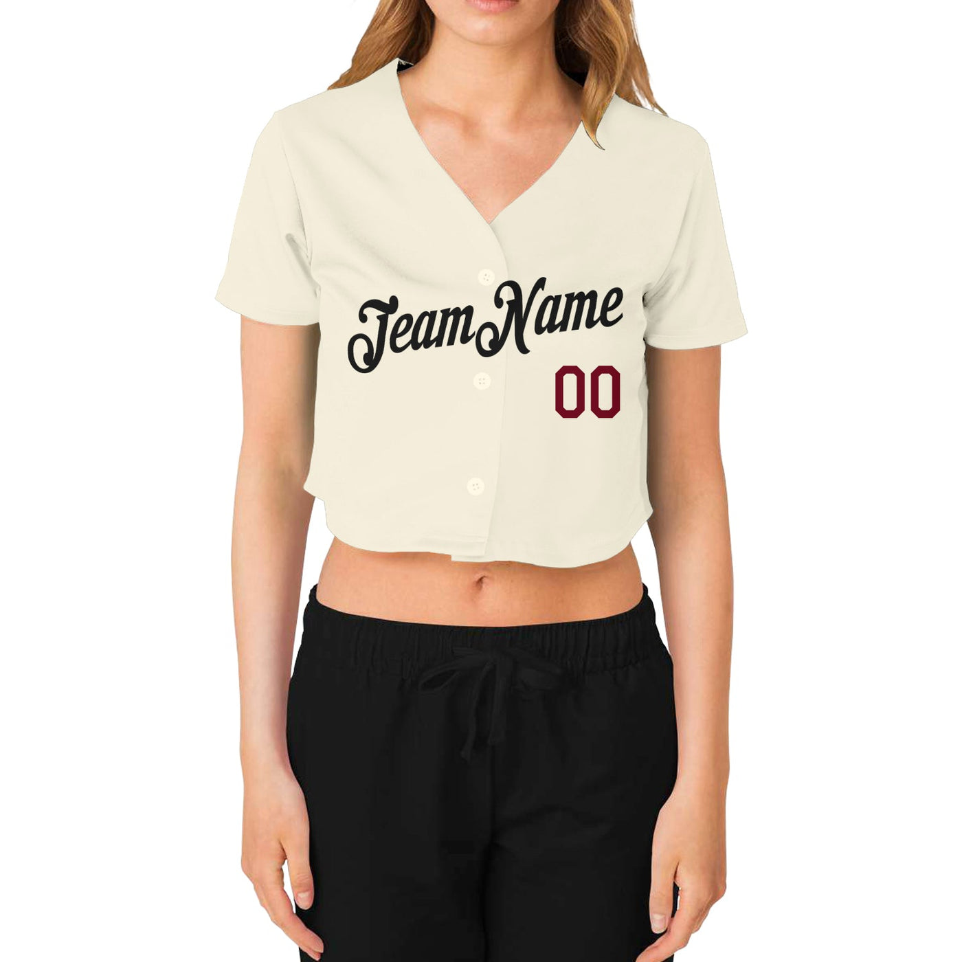 Custom Women's Cream Black-Crimson V-Neck Cropped Baseball Jersey - Owls Matrix LTD