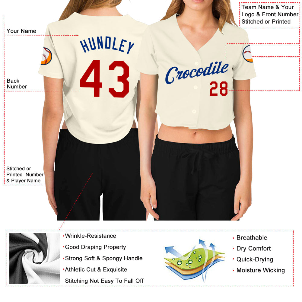 Custom Women's Cream Red-Royal V-Neck Cropped Baseball Jersey - Owls Matrix LTD