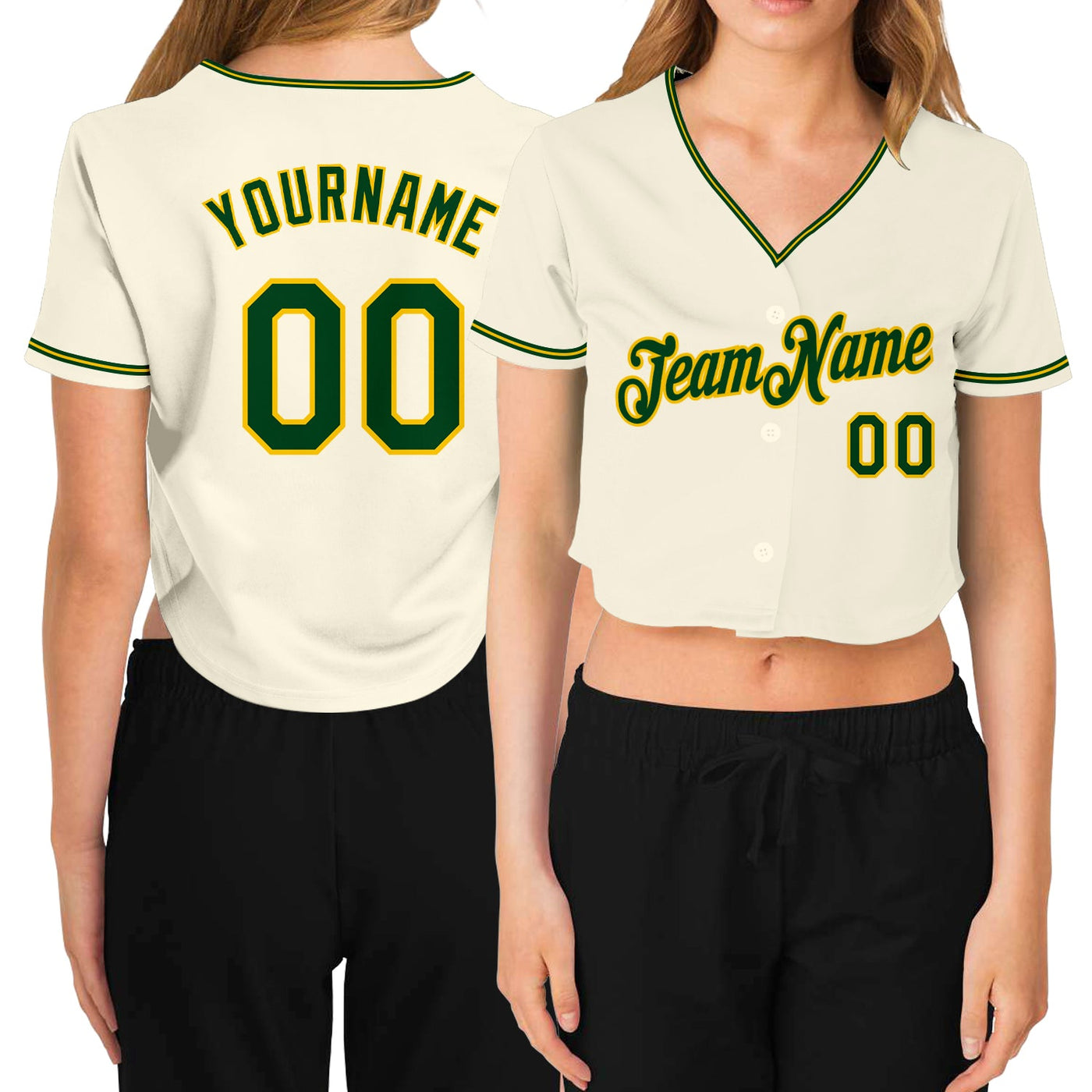 Custom Women's Cream Green-Gold V-Neck Cropped Baseball Jersey - Owls Matrix LTD