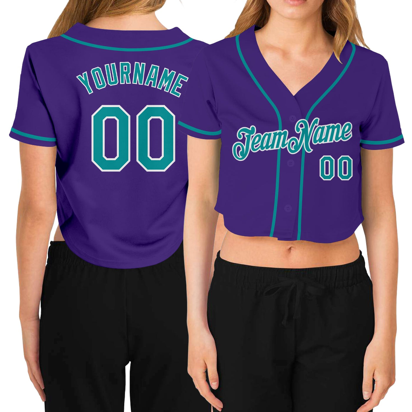 Custom Women's Purple Aqua-White V-Neck Cropped Baseball Jersey - Owls Matrix LTD