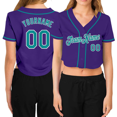 Custom Women's Purple Aqua-White V-Neck Cropped Baseball Jersey - Owls Matrix LTD