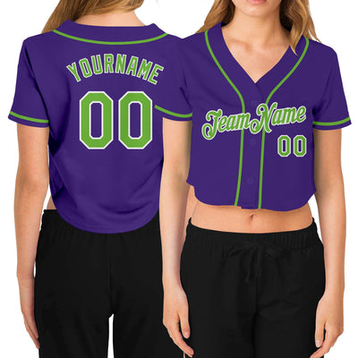 Custom Women's Purple Neon Green-White V-Neck Cropped Baseball Jersey - Owls Matrix LTD