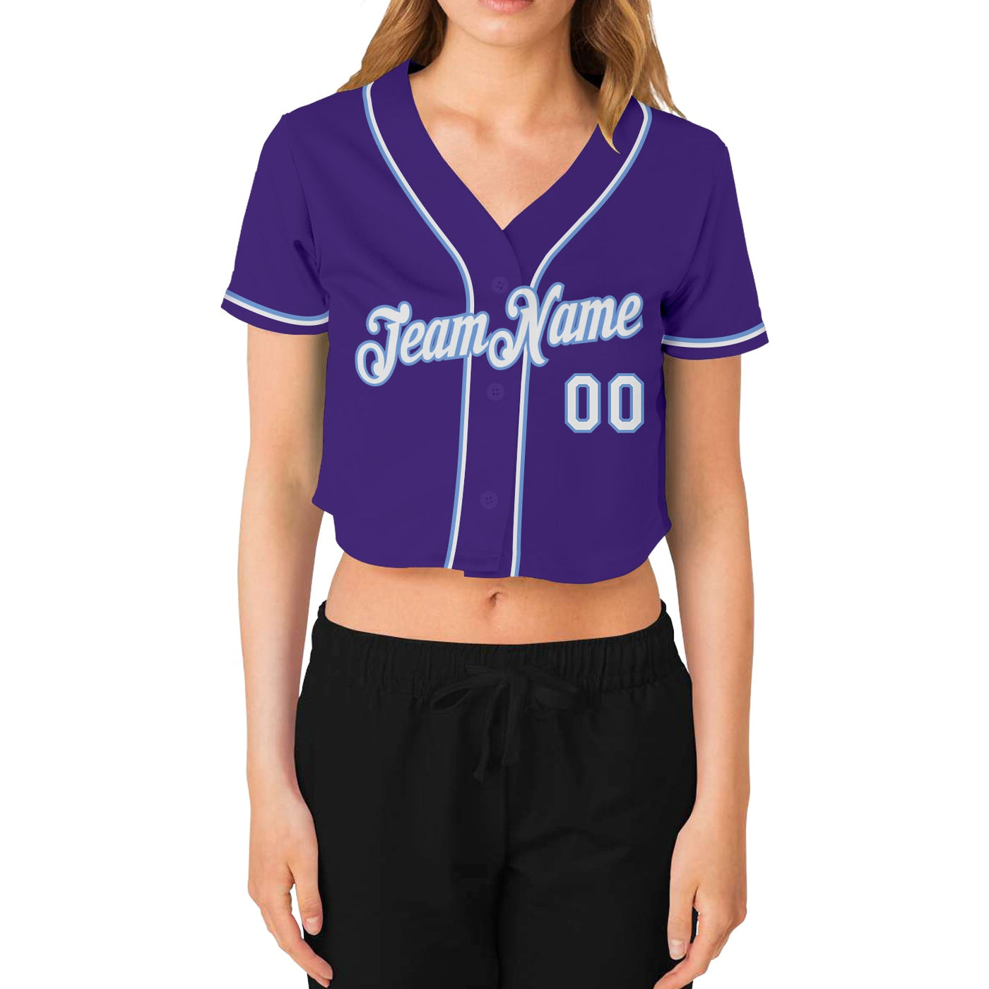 Custom Women's Purple White-Light Blue V-Neck Cropped Baseball Jersey - Owls Matrix LTD