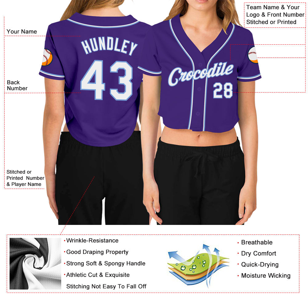 Custom Women's Purple White-Light Blue V-Neck Cropped Baseball Jersey - Owls Matrix LTD