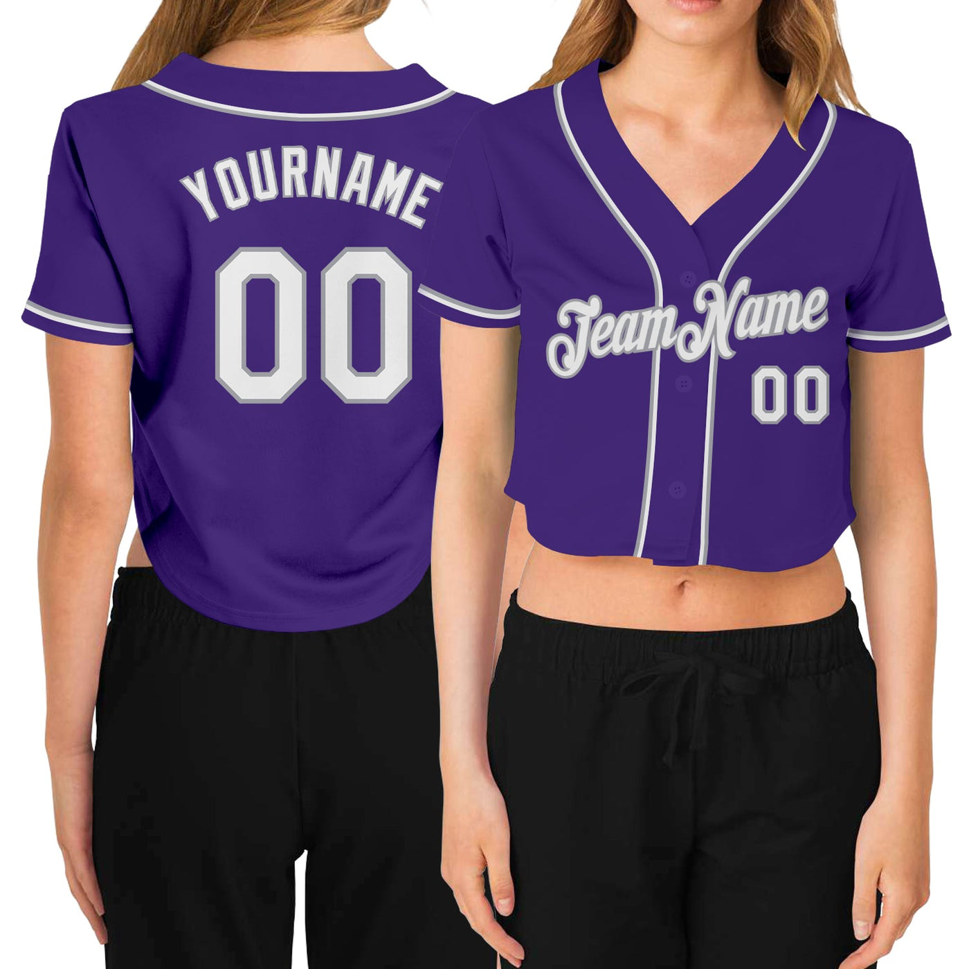 Custom Women's Purple White-Gray V-Neck Cropped Baseball Jersey - Owls Matrix LTD