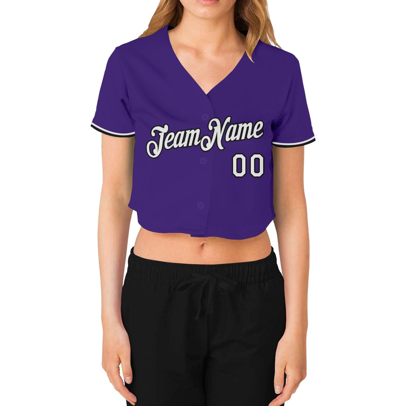 Custom Women's Purple White-Black V-Neck Cropped Baseball Jersey - Owls Matrix LTD