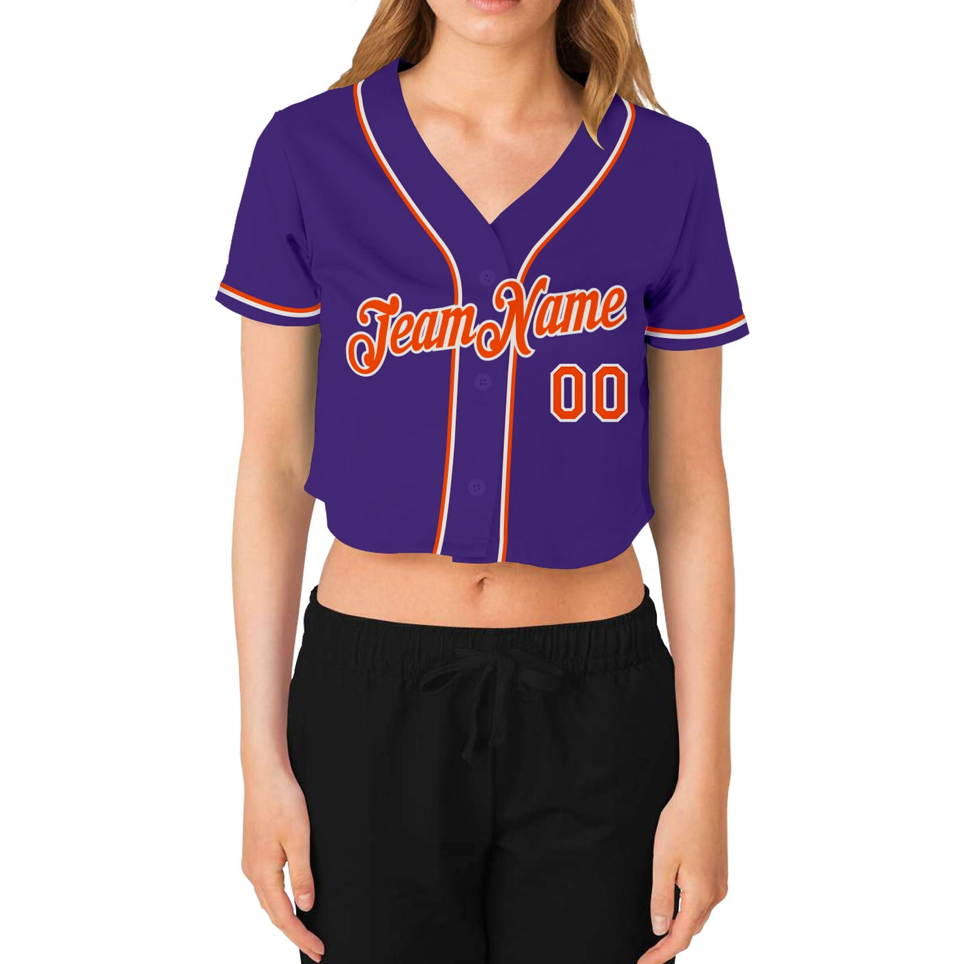 Custom Women's Purple Orange-White V-Neck Cropped Baseball Jersey - Owls Matrix LTD