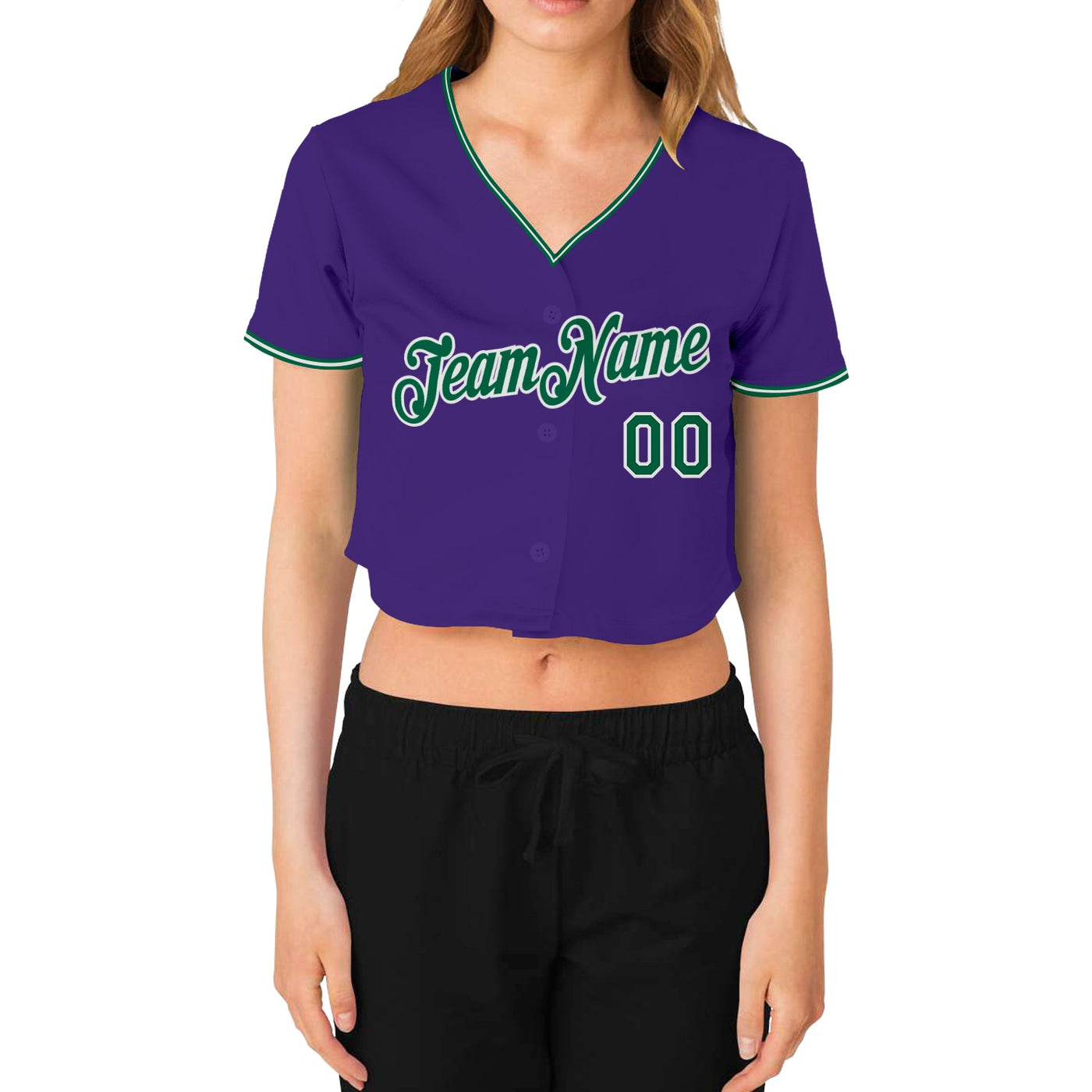 Custom Women's Purple Kelly Green-White V-Neck Cropped Baseball Jersey - Owls Matrix LTD