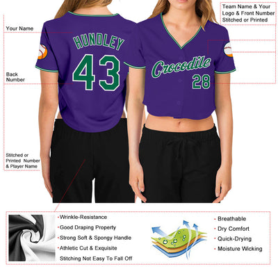 Custom Women's Purple Kelly Green-White V-Neck Cropped Baseball Jersey - Owls Matrix LTD