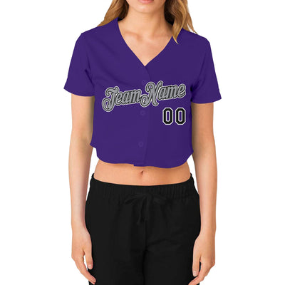 Custom Women's Purple Black White-Gray V-Neck Cropped Baseball Jersey - Owls Matrix LTD