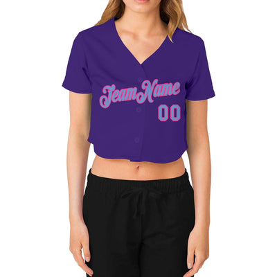 Custom Women's Purple Light Blue-Pink V-Neck Cropped Baseball Jersey - Owls Matrix LTD