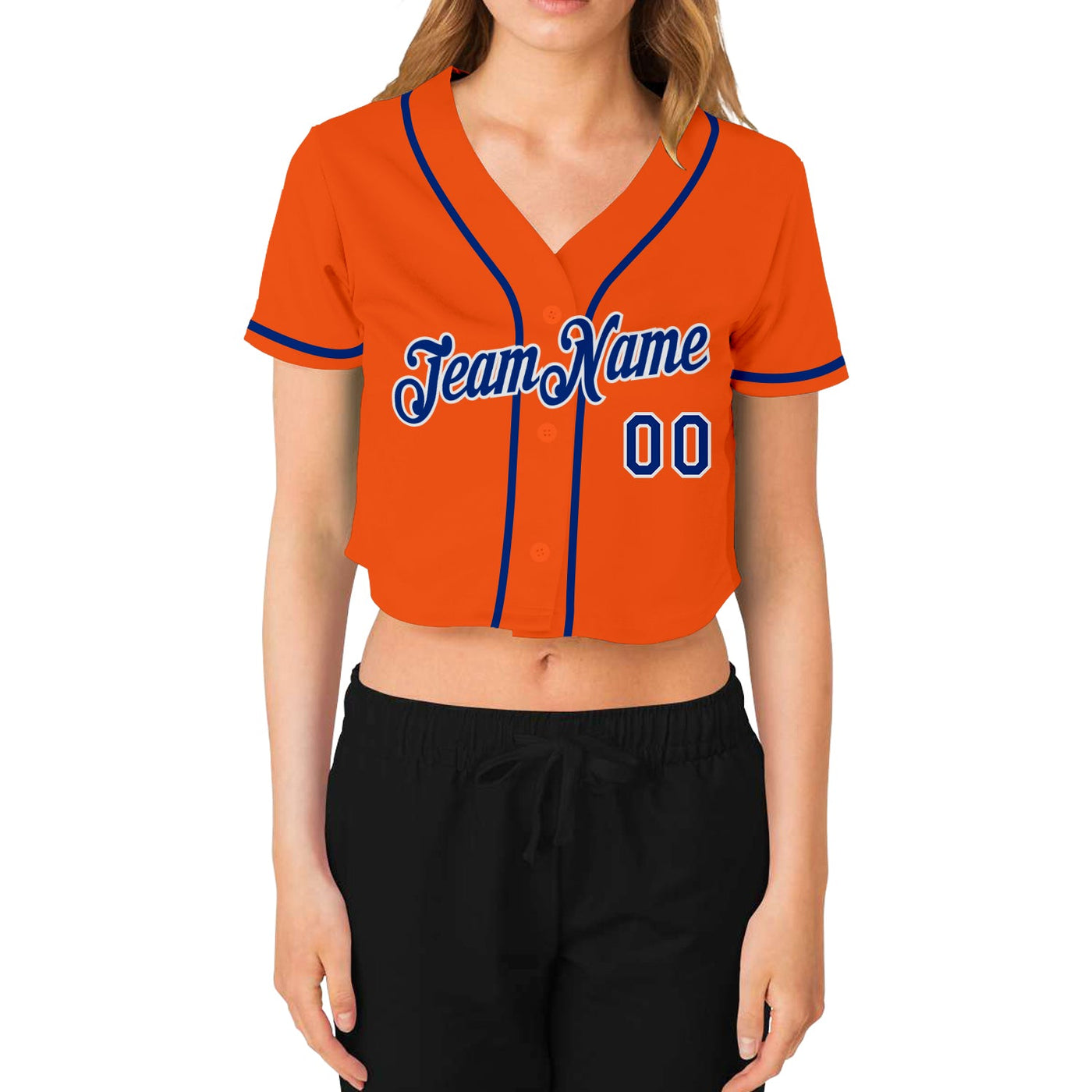 Custom Women's Orange Royal-White V-Neck Cropped Baseball Jersey - Owls Matrix LTD