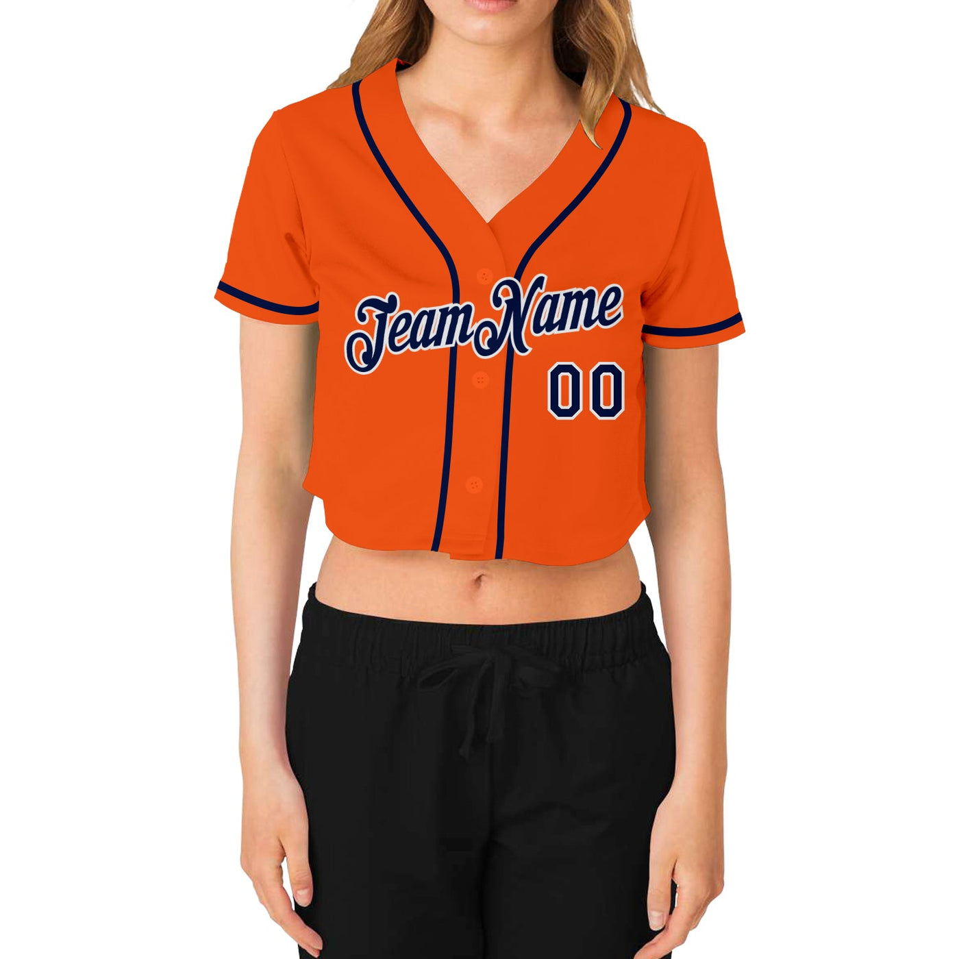 Custom Women's Orange Navy-White V-Neck Cropped Baseball Jersey - Owls Matrix LTD