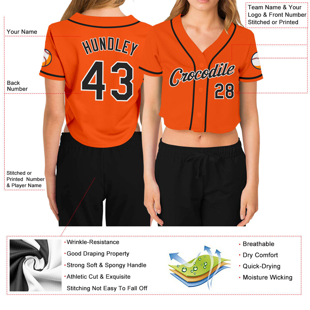 Custom Women's Orange Black-White V-Neck Cropped Baseball Jersey - Owls Matrix LTD