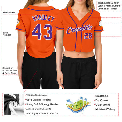 Custom Women's Orange Purple-White V-Neck Cropped Baseball Jersey - Owls Matrix LTD