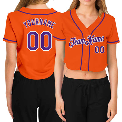 Custom Women's Orange Purple-White V-Neck Cropped Baseball Jersey - Owls Matrix LTD