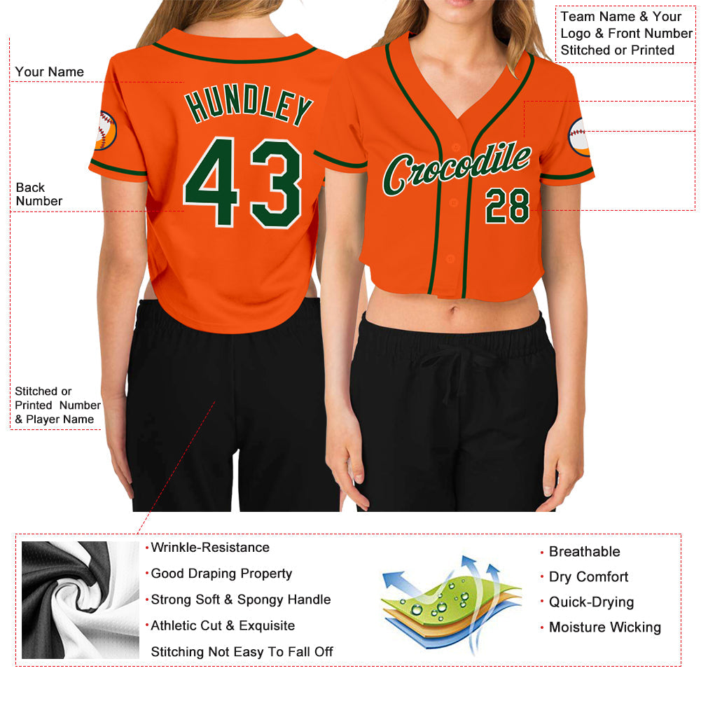 Custom Women's Orange Green-White V-Neck Cropped Baseball Jersey - Owls Matrix LTD
