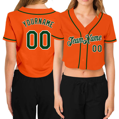 Custom Women's Orange Green-White V-Neck Cropped Baseball Jersey - Owls Matrix LTD