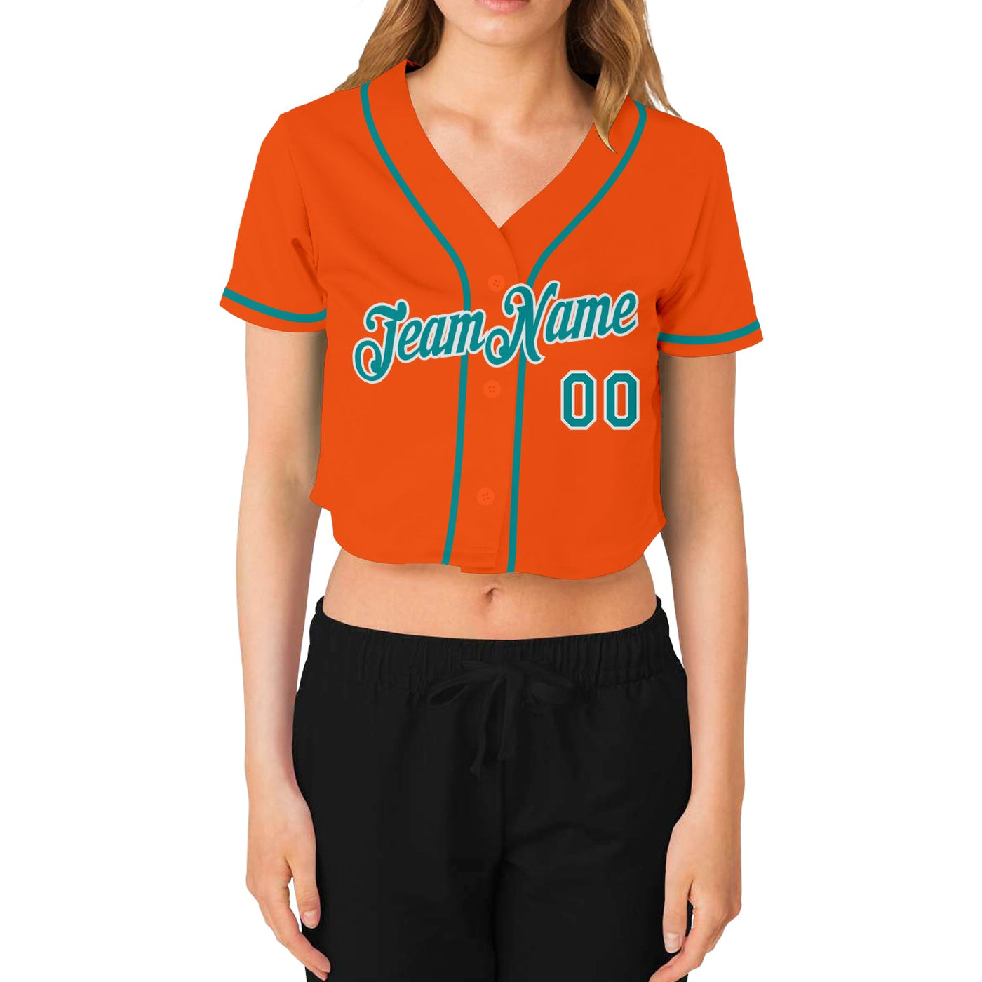 Custom Women's Orange Aqua-White V-Neck Cropped Baseball Jersey - Owls Matrix LTD