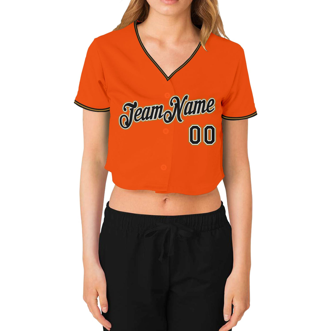 Custom Women's Orange Black Old Gold-White V-Neck Cropped Baseball Jersey - Owls Matrix LTD