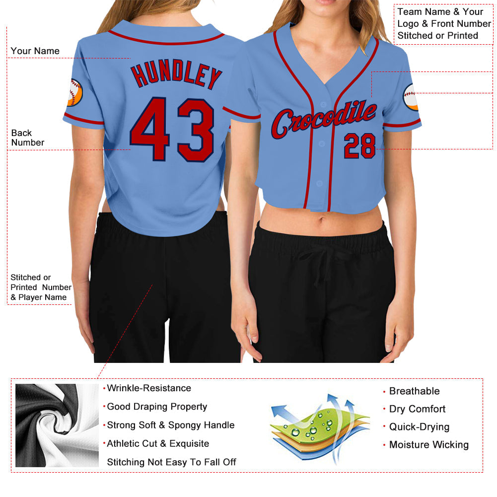 Custom Women's Light Blue Red-Navy V-Neck Cropped Baseball Jersey - Owls Matrix LTD
