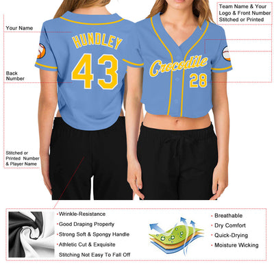 Custom Women's Light Blue Gold-White V-Neck Cropped Baseball Jersey - Owls Matrix LTD