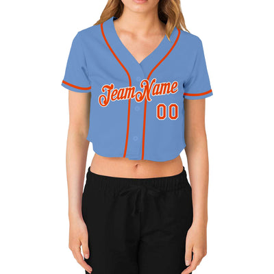 Custom Women's Light Blue Orange-White V-Neck Cropped Baseball Jersey - Owls Matrix LTD