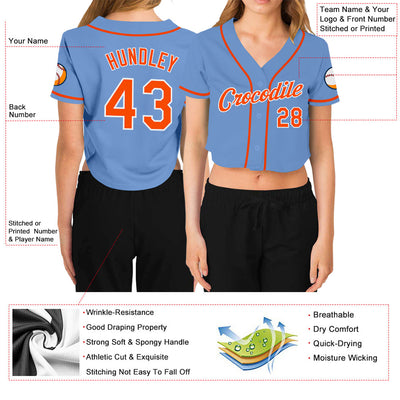 Custom Women's Light Blue Orange-White V-Neck Cropped Baseball Jersey - Owls Matrix LTD