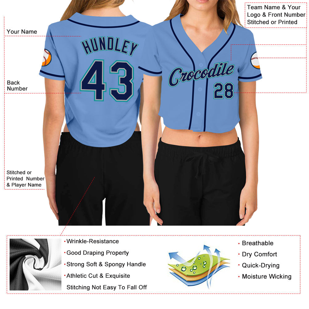 Custom Women's Light Blue Navy Gray-Aqua V-Neck Cropped Baseball Jersey - Owls Matrix LTD
