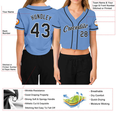 Custom Women's Light Blue Black-White V-Neck Cropped Baseball Jersey - Owls Matrix LTD