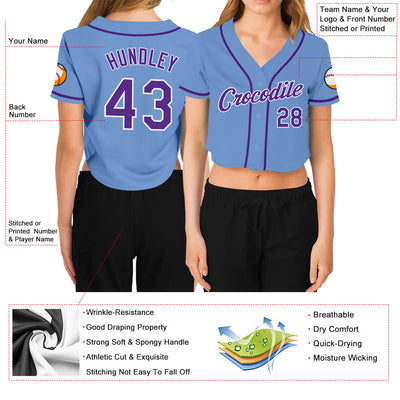 Custom Women's Light Blue Purple-White V-Neck Cropped Baseball Jersey - Owls Matrix LTD
