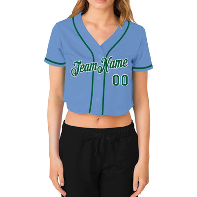 Custom Women's Light Blue Kelly Green-White V-Neck Cropped Baseball Jersey - Owls Matrix LTD