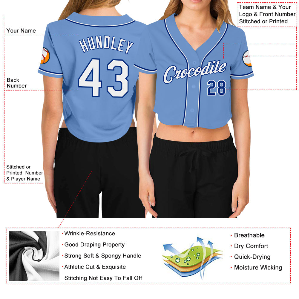 Custom Women's Light Blue White-Royal V-Neck Cropped Baseball Jersey - Owls Matrix LTD