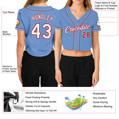 Custom Women's Light Blue White-Red V-Neck Cropped Baseball Jersey - Owls Matrix LTD