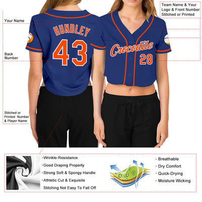 Custom Women's Royal Orange-White V-Neck Cropped Baseball Jersey - Owls Matrix LTD