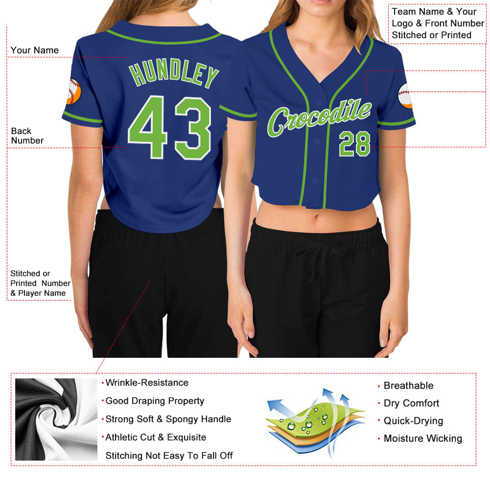 Custom Women's Royal Neon Green-White V-Neck Cropped Baseball Jersey - Owls Matrix LTD