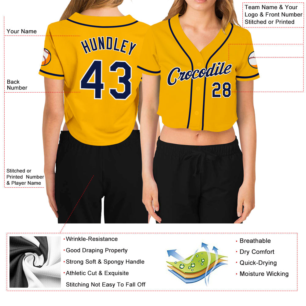 Custom Women's Gold Navy-White V-Neck Cropped Baseball Jersey - Owls Matrix LTD