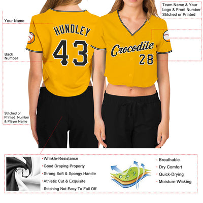 Custom Women's Gold Black-White V-Neck Cropped Baseball Jersey - Owls Matrix LTD