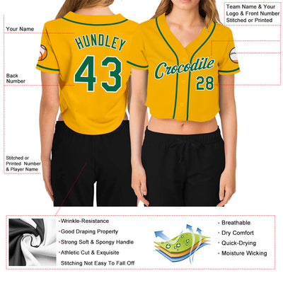 Custom Women's Gold Kelly Green-White V-Neck Cropped Baseball Jersey - Owls Matrix LTD