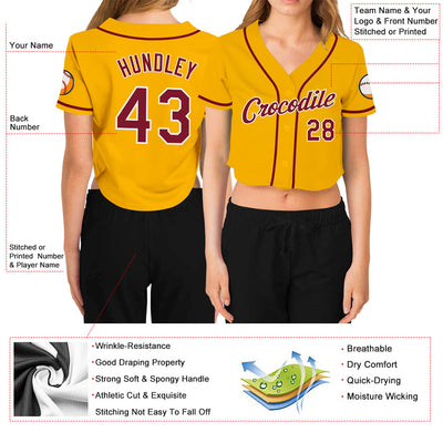 Custom Women's Gold Crimson-White V-Neck Cropped Baseball Jersey - Owls Matrix LTD