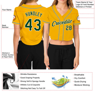 Custom Women's Gold Green-White V-Neck Cropped Baseball Jersey - Owls Matrix LTD