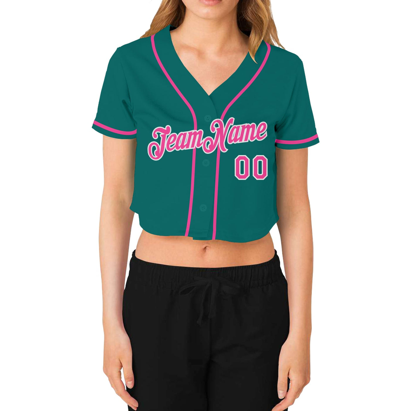 Custom Women's Aqua Pink-White V-Neck Cropped Baseball Jersey - Owls Matrix LTD