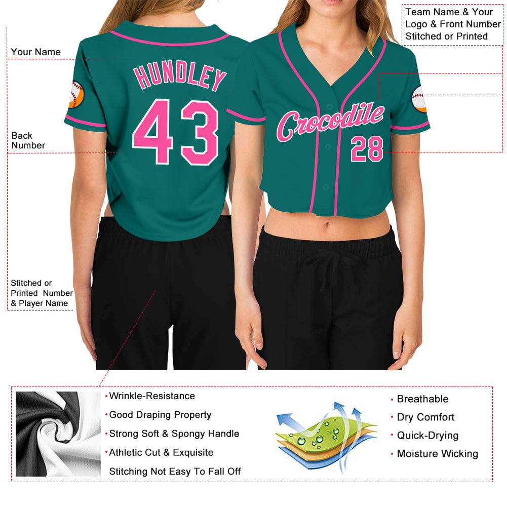 Custom Women's Aqua Pink-White V-Neck Cropped Baseball Jersey - Owls Matrix LTD