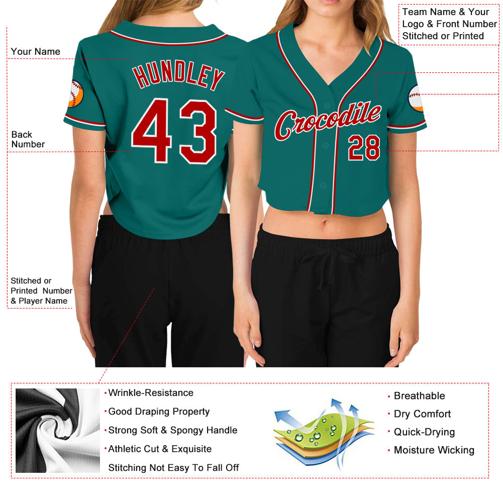 Custom Women's Aqua Red-White V-Neck Cropped Baseball Jersey - Owls Matrix LTD