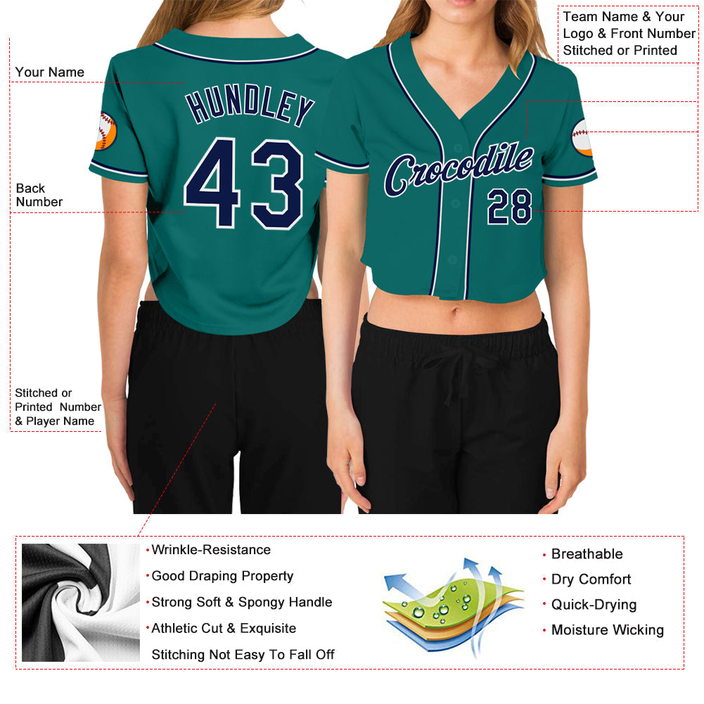 Custom Women's Aqua Navy-White V-Neck Cropped Baseball Jersey - Owls Matrix LTD