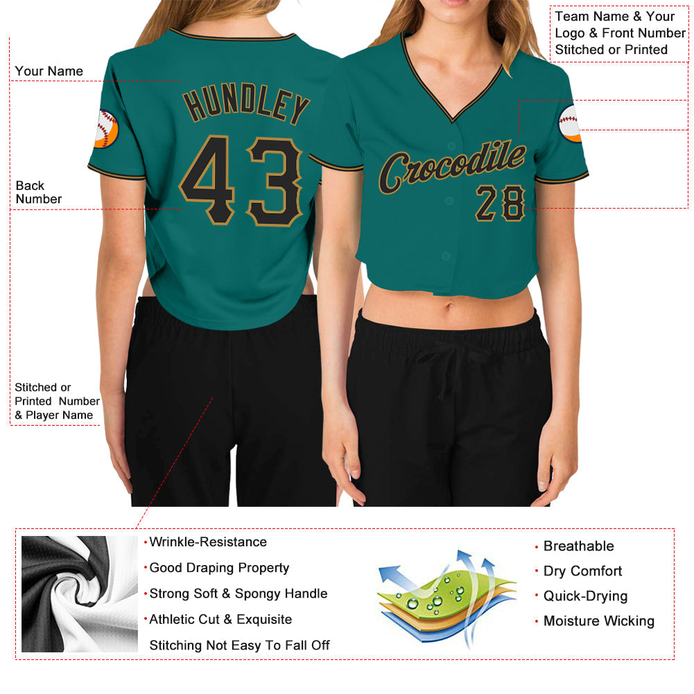 Custom Women's Aqua Black-Old Gold V-Neck Cropped Baseball Jersey - Owls Matrix LTD