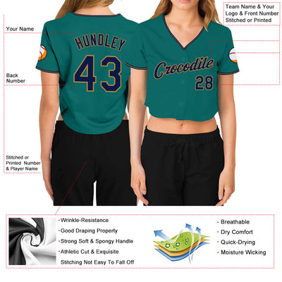 Custom Women's Aqua Navy-Old Gold V-Neck Cropped Baseball Jersey - Owls Matrix LTD