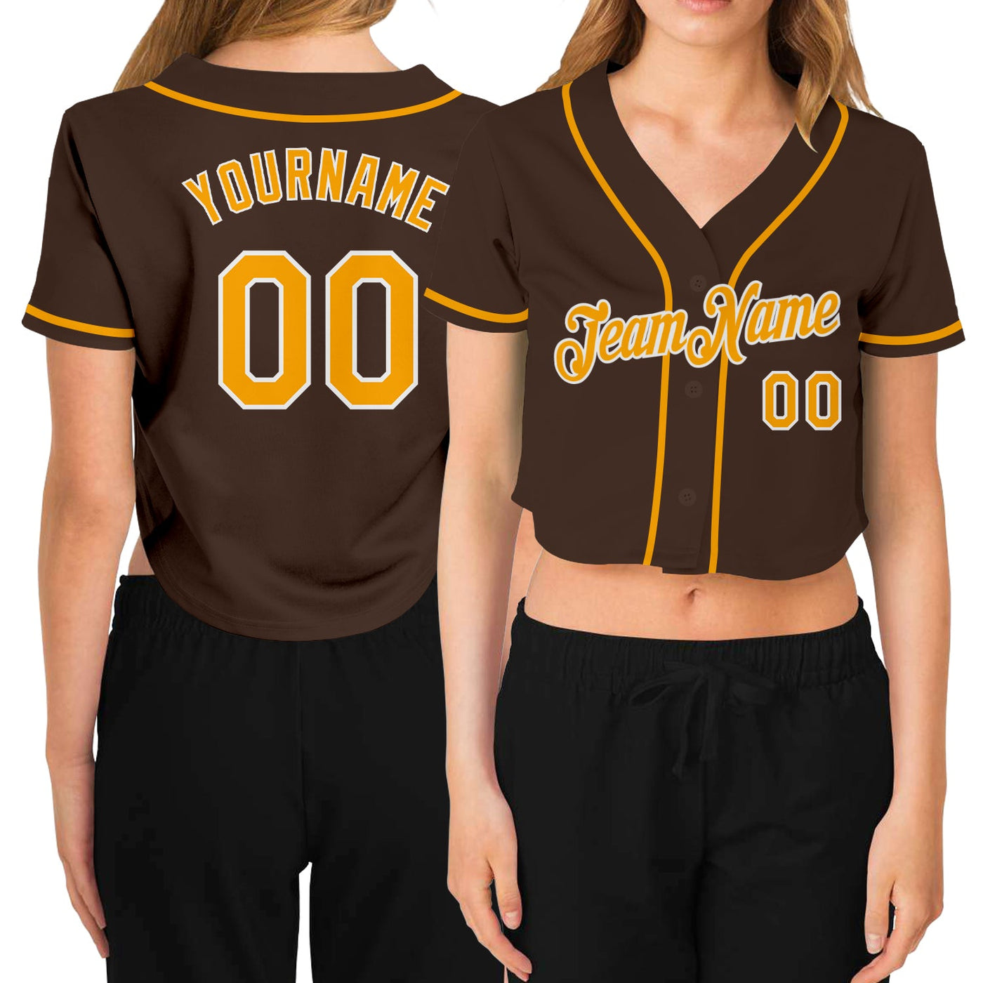 Custom Women's Brown Gold-White V-Neck Cropped Baseball Jersey - Owls Matrix LTD