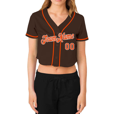 Custom Women's Brown Orange-White V-Neck Cropped Baseball Jersey - Owls Matrix LTD